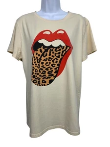 Rolling Stones Women's size L Cream Animal Print Tongue Logo T-Shirt - Picture 1 of 7