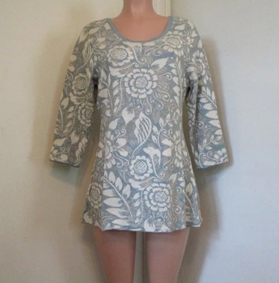 PERUVIAN CONNECTION 100% PIMA COTTON BLUE/GRAY FLORAL PRINT PULLOVER SWEATER, L - Image 1 of 4