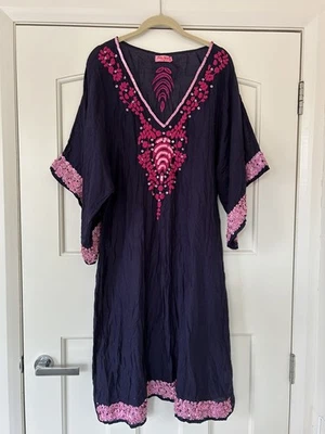 NWT Ruby Yaya navy & pink caftan tunic dress, embroidered,sequins. Sz S - image 1 of 4