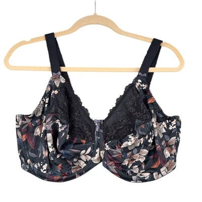 Sujetador Talla Grande Floral Encaje Cierre Frontal Negro Multicolor Flores Copa Completa Foto 1 de 4