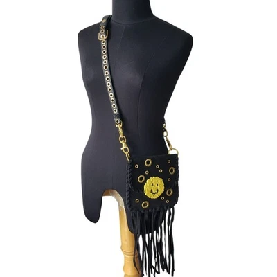 IMEMOI Black Suede Beaded Yellow Smiley Face Fringe Boho 90s Purse Festival Bag - Image 1 of 4
