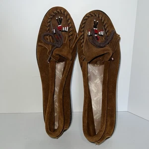NOS Minnetonka Thunderbird Moccasins Brown Suede Beaded Women Sz 10 USA Made - Picture 1 of 22