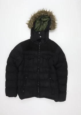 Brave Soul Men's Black Puffer Jacket with Fur Trim - Image 1 of 4