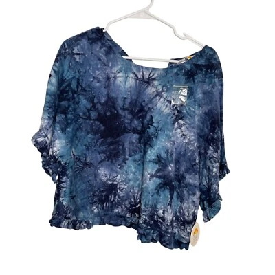 C&C California Blouse Women's Medium Blue Tie-Dye Linen Short Sleeve Shirt Top - Image 1 of 4