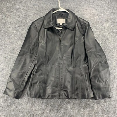 Worthington Jacket Womens Large Black Genuine Leather Lined Moto Full Zip Pocket - Image 1 of 4