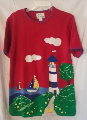 "The Quacker Factory" Red Short Sleeve Lighthouse Sweater Lake Sz Small  Vintage - Image 1 of 3