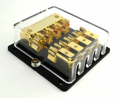 2 4-Gauge In 4 8-Gauge Out Gold Plated AGU Fuse Holder Distribution Block 240AMP - Image 1 of 4