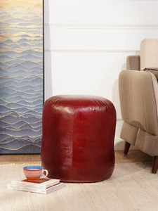 BBH HOMES HECHO A MANO ECOLÓGICO FORMA REDONDA RELLENO CUERO BÚFALO ROSA PUF - Imagen 1 de 20