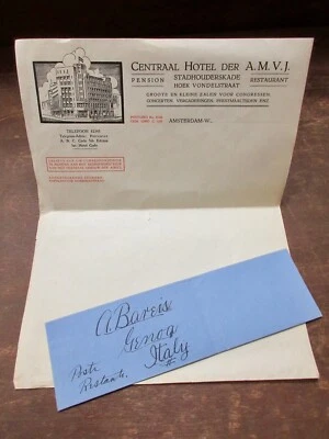 2 PIEZAS CENTRAL HOTEL AMSTERDAM PAÍSES BAJOS MEMBRETE ENFERMO - SOBRE AZUL ITALIA Foto 1 de 4