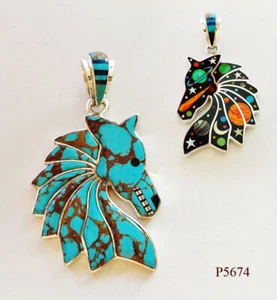 PERFECT TURQUOISE COMET SUN MOON STARS MULTISTONE INLAY 925 SILVER HORSE PENDANT - Picture 1 of 4