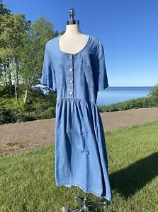 Vtg Denim Dress Jumper Size 24W USA Scoop Neck Mid Calf Lady Danielle Spring - Picture 1 of 12