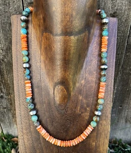 Sterling Silver Orange Spiny Oyster Turquoise Bead Necklace. 20 inch - Picture 1 of 12