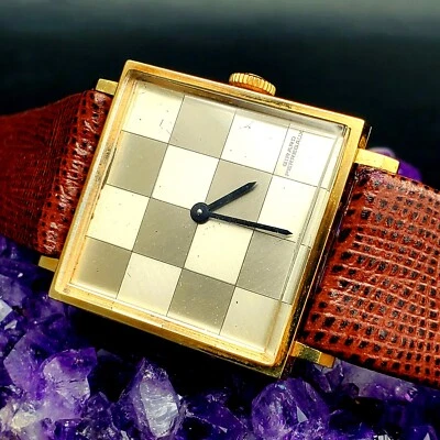 罕见复古 14K 金 Girard Perregaux 带方格表盘艺术装饰 1950 年代手表! — 第 1/3 张图片