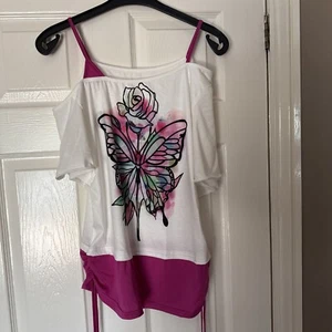 Butterfly & Rose - Pink & white Summer top - Size L - Picture 1 of 6