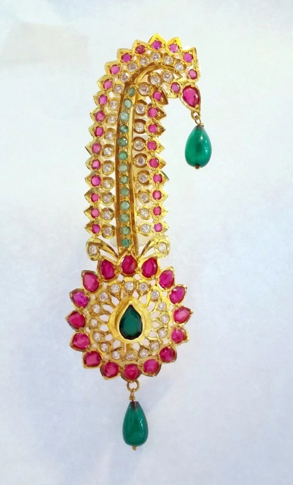 VINTAGE REAL RUBY, EMERALD & CZ  22K YELLOW GOLD BROACH PIN PUNJABI TURBAN GIFT  - Image 1 of 3