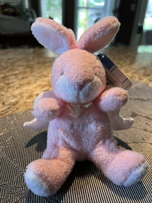 Suave Sueños Conejito Rosa Peluche Pequeño Ángel Bebé Lovey Sonajero Blanco Alas de Satén ☼ Foto 1 de 4