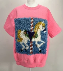 VTG SWEATSHIRT T-SHIRT SHAG RUG HORSE PATCH GRANNY CORE MOD FOLK ART SHABBY CHIC - Picture 1 of 7