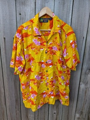 Camisa de Campamento Hawaiana De Colección Cuello Lazo Rayón Naranja Floral Tropical Redondeada Bahía Talla L Foto 1 de 4