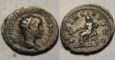 Rare genuine ancient Roman billon coin Antoninianus Herennius Etruscus Apollo - Image 1 of 4
