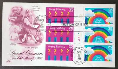 25c Happy Birthday, Best Wishes, Booklet Stamps # 2395-2396 1988 FDC Artcraft - Image 1 of 2
