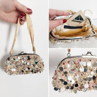 Betty Jackson Peach Pink Beaded Embellished Mini Bag Evening Cocktail Party - image 1 of 4