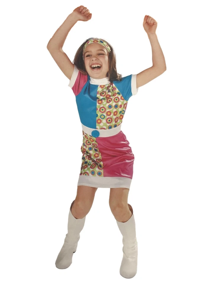 Girls Colorful Funky Mod Hippie Costume Dress & Headband Large (10-12) - Image 1 of 1