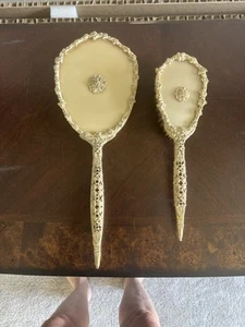Vintage Floral Messing Waschtischbürste & Spiegel Set Ormolu Technik Rosa Gold Boudoir - Bild 1 von 13