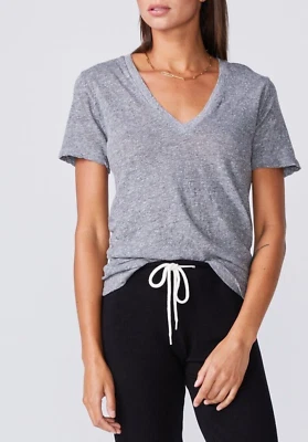 Monrow HT218MHJ Women Sz L Gray Textured Tri-Blend Relaxed V Neck Tee Shirt $80 — 第 1/4 张图片