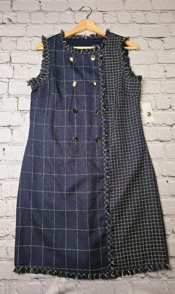 Julia Jordan Women’s Blue Gold Plaid Tweed Sheath Dress Sz6