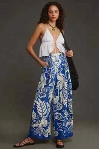 Farm Rio Wide Leg Pants Satin Anthropologie Blue Floral Monstera Leaf Size S NEW - Picture 1 of 4