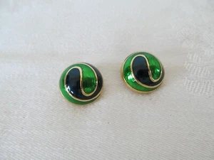 Vtg Enamel Clip On Earrings Gold Tone Blue & Green 70's 80's Button - Imagen 1 de 3