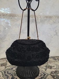 Bleck Beaded Early 20th Century DECO Evening Bag With Rhinestone Clasp - Picture 1 of 8