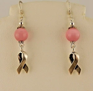 Rose Pink Cat's Eye beaded TierraCast Breast Cancer Awareness Ribbon earrings - Picture 1 of 3