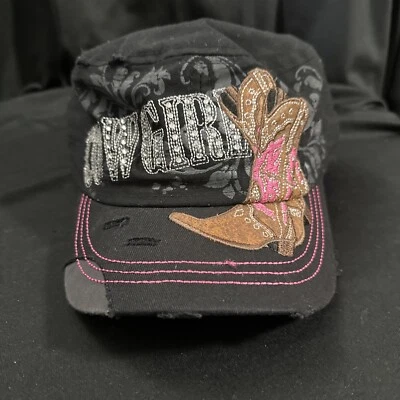 Crystal Cowgirl & Cowboy Boots Distressed Black Cadet Cap - Image 1 of 4