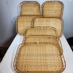 Set of 7 VTG Woven Bamboo Rattan Wicker Serving Lap Trays Tiki Bar Boho 19x13 - Picture 1 of 12