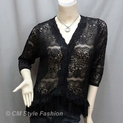 Elegante Blusa Cárdigan Transparente de Encaje Floral Negra M/L Foto 1 de 4