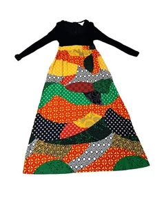 Vintage 60er Mod Kleid Baumwolle Viskose Hippie Loungewear Taschen Tribal Farben kräftig - Bild 1 von 11