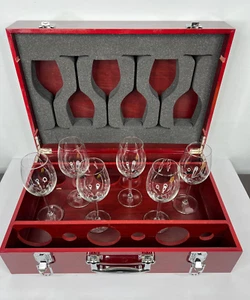 GRANDS VINS DE BORDEAUX Wood Wine & Glasses Box 19"x13"x7" W/ 6 Wine Glasses - Picture 1 of 24