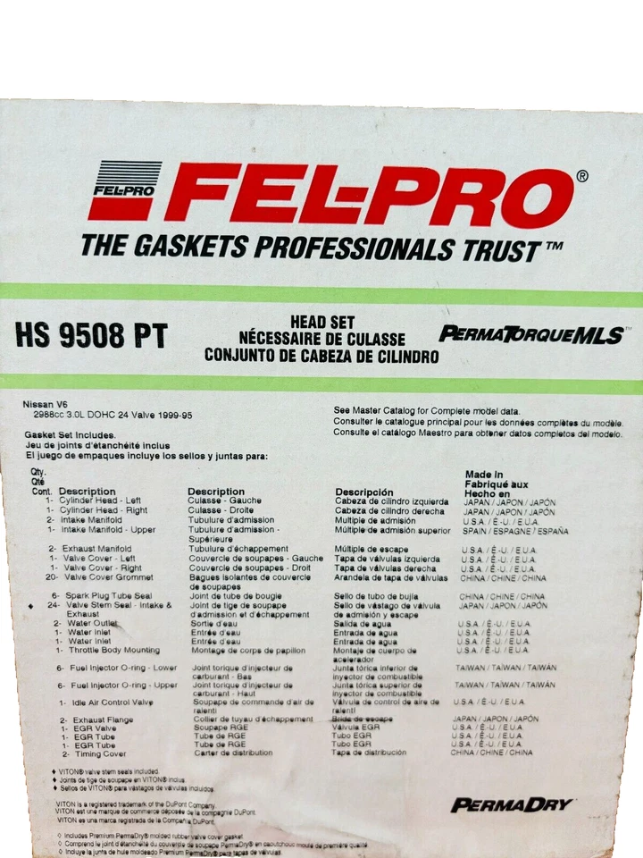 Комплект прокладок головки Fel-Pro HS9508PT для 95–99 Nissan Maxima Infiniti I30 3,0 л DOHC - Изображение 1 из 4