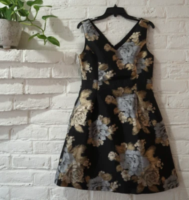 Donna Ricco Black Floral Brocade Skater Dress Sleeveless V-Back Party Cocktail - Image 1 of 4