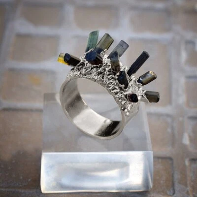 Anillo de joyería antigua vintage de piedras preciosas de turmalina multi baguette natural Foto 1 de 4