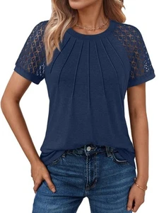 Womens Summer Short Sleeve Tops Casual Vacation Blouses Navy Trendy - Picture 1 of 6