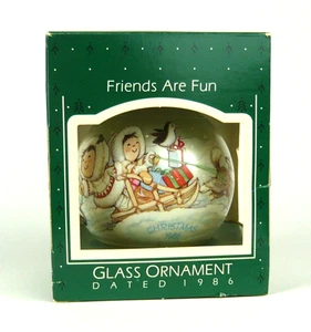 Hallmark Friends are Fun 1986 Eskimo Snow Dog Seal Penguin Glass Ornament Ball - Picture 1 of 11