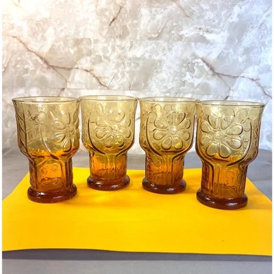 Libbey Country Garden Gafas Ámbar Flor Margarita en Relieve ~ Juego de 4 Foto 1 de 4
