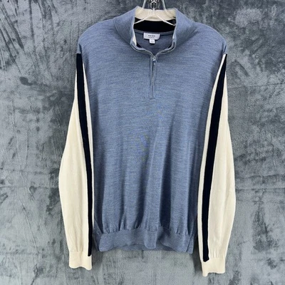 Reiss Men's 1/4 Zip Blue Ivory Striped Sleeve Size Large 100% Merino Wool Leo - Image 1 of 4