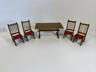 Sillas laterales y mesa madera terciopelo rojo asientos escala 1/12 casa de muñecas miniatura de colección años 80 Foto 1 de 4