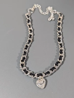 Juicy Couture Silver Tone Black Ribbon Woven Chain Heart Necklace Choker 16" - Image 1 of 4