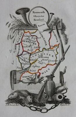 MONMOUTH, GLOUCESTERSHIRE, HEREFORDSHIRE, original antique map, Perrot, 1828 — 第 1/2 张图片