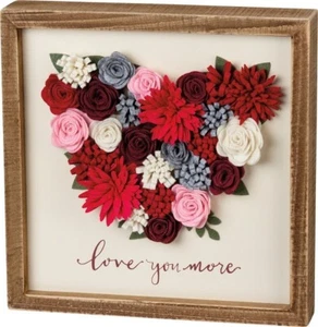 NEW!~PRIMITIVE INSET WOOD BOX SIGN~Felt Floral Heart "Love You More"~Valentine's - Picture 1 of 1