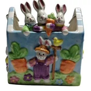 Bunny Basket Planter Easter Decor Spring Rabbits Carrots Ceramic - Picture 1 of 12